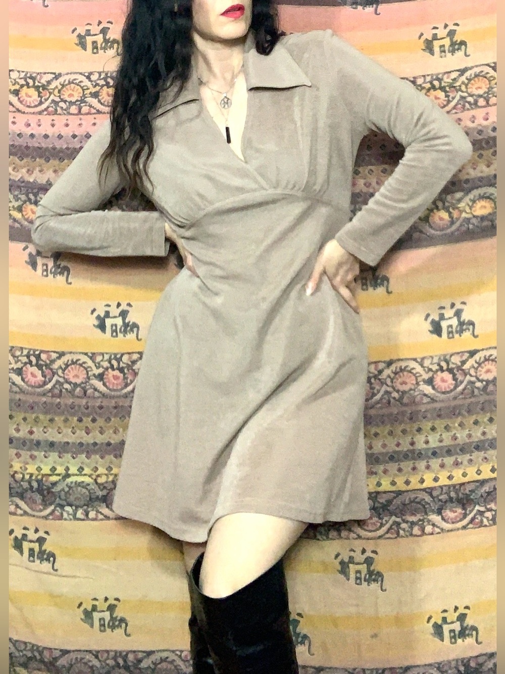 Vintage Taupe Long-Sleeve Collared Dress
